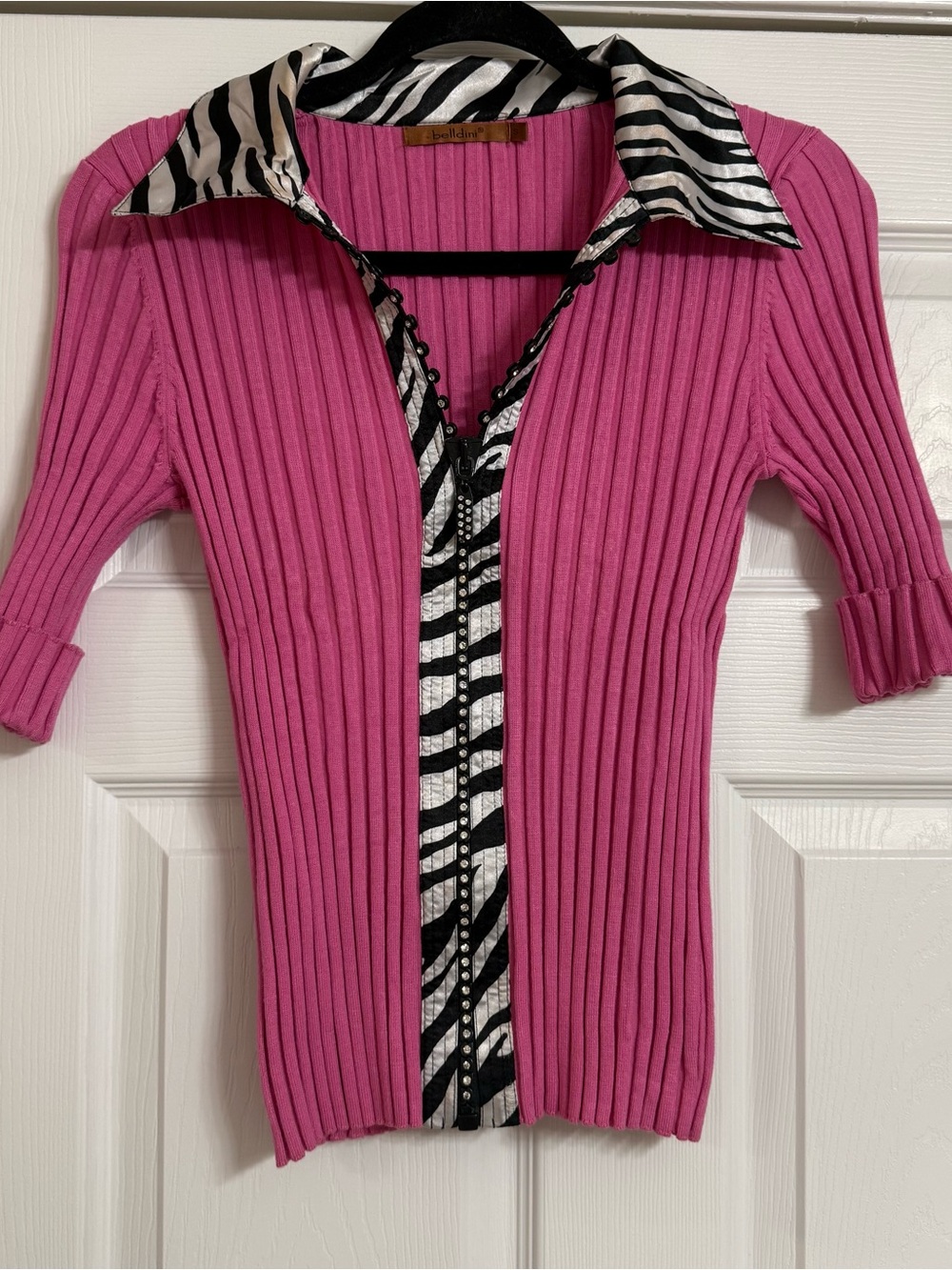 Belldini Hot Pink Ribbed V-Neck Sweater with Zebra-Print Trim
